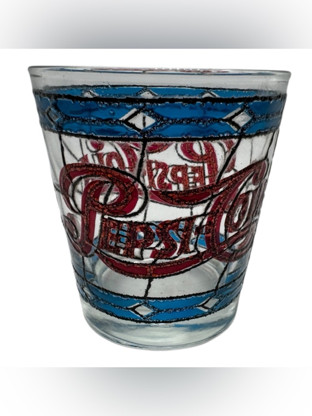 Vintage 1970s Pepsi-Cola Stained‎ Glass Style Drinking Glass Tumbler 3.5” defect
